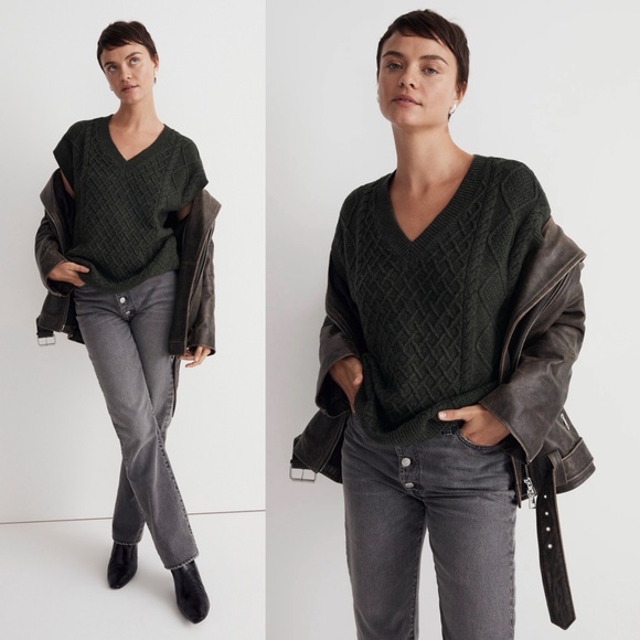 Madewell Cable Knit V-Neck Sweater Vest M Dark Forest Green - Picture 2 of 15